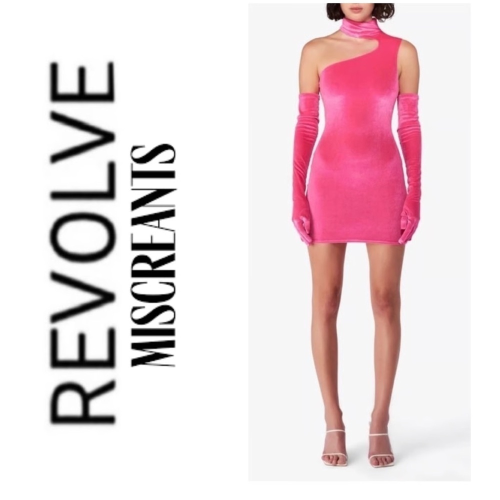 New! Revolve X Miscreants Bodycon Hot Pink Velvet Mini Dress W/ Opera Gloves Xs
